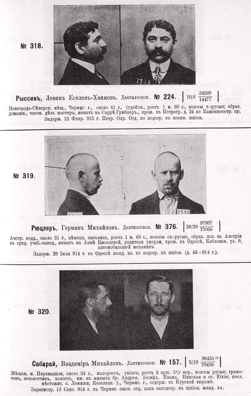 Альбом лиц, зарегистрованных жандармской, сыскной и общей полицией по подозрению в шпионстве (1916 г.)